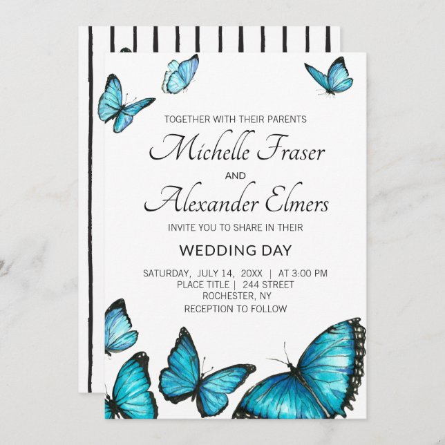 Stylish stripes black white. Butterflies Wedding Invitation (Front/Back)