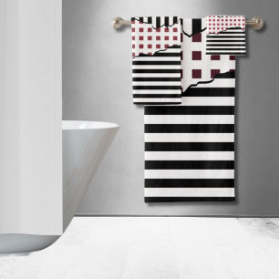 Stylish Stripes Net Black, White, Red Layered Bath Towel Set