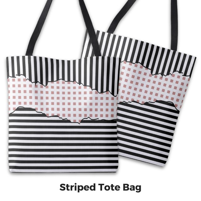 Stylish Stripes Net Layered Black, White & Pink Tote Bag (Stylish Stripes Net Layered Black, White & Pink Tote Bag)