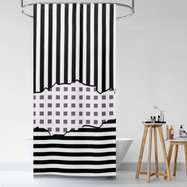 Stylish Stripes Tiles Black White Purple Layers Shower Curtain (Stylish Stripes, Net Black, White, Purple Layered Shower Curtain)