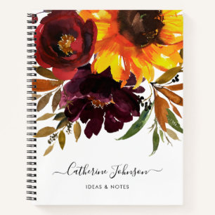 Stylish Sunflower Burgundy Rose Floral Watercolor Notebook