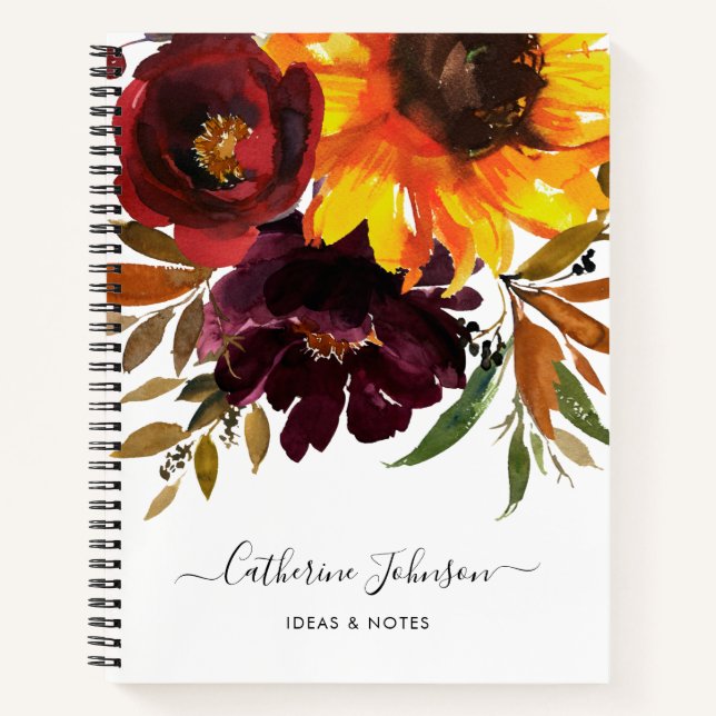 Stylish Sunflower Burgundy Rose Floral Watercolor Notebook (Front)