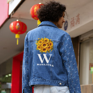 Stylish Sunflower White Monogram Women's Custom Denim Jacket