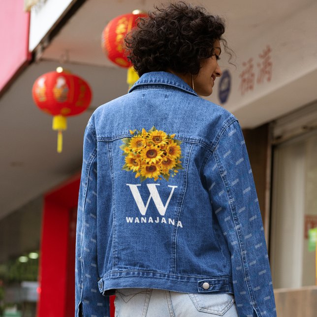 Stylish Sunflower White Monogram Women's Custom Denim Jacket (Creator Uploaded)