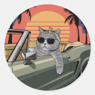 Stylish Sunset Cat Classic Round Sticker