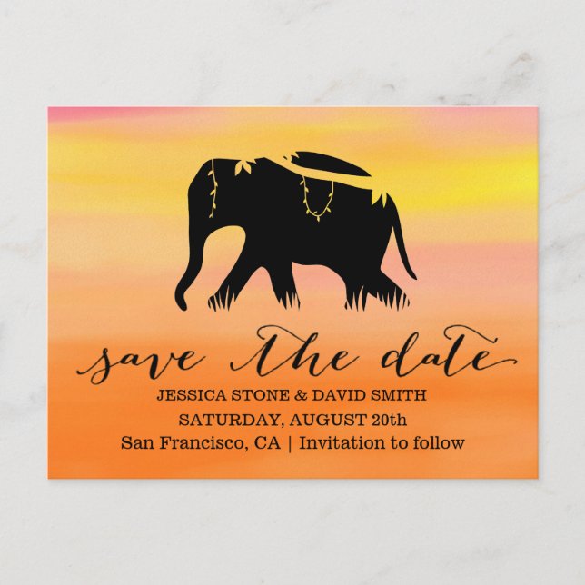 Stylish Sunset Elephant Wedding Save the Date Announcement Postcard (Front)