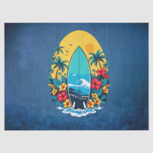 Stylish surfboard with lush tropical flowers. tissue paper