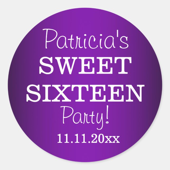 Stylish Sweet 16 Party Stickers : Metallic Purple (Front)