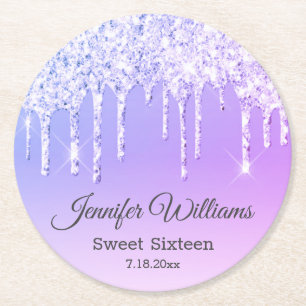 stylish sweet 16 purple dripping glitters chic round paper coaster