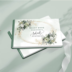 Stylish Sweet 16 sage green botanical greenery gol Guest Book
