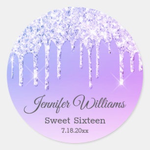 stylish sweet sixteen purple dripping glitters  classic round sticker