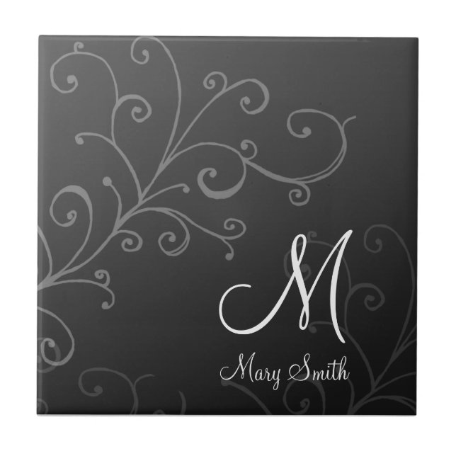 Stylish Swirl Custom Monogram Black Tile (Front)