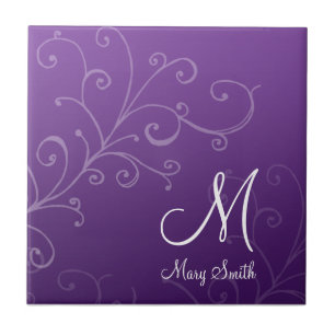 Stylish Swirl Custom Monogram Purple Ceramic Tile