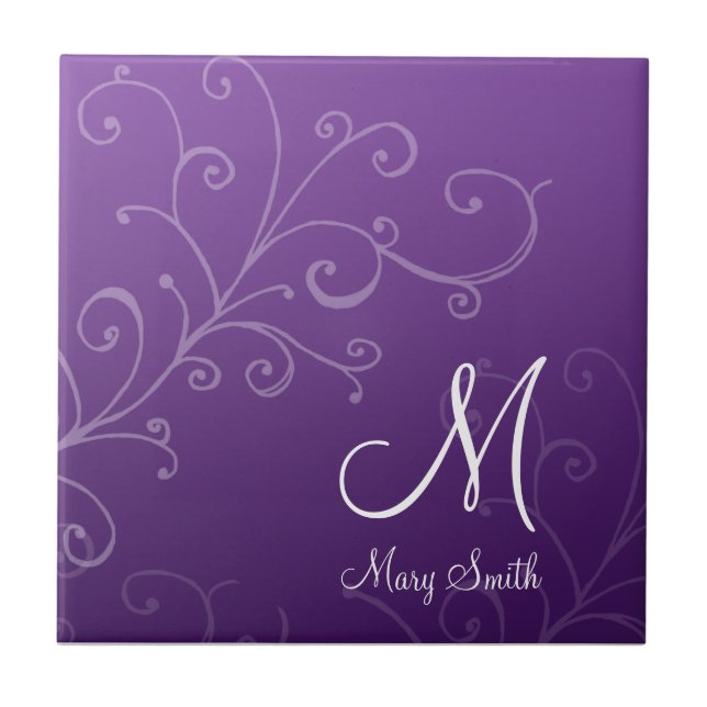 Stylish Swirl Custom Monogram Purple Ceramic Tile (Front)