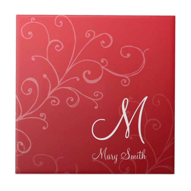 Stylish Swirl Custom Monogram Red Ceramic Tile (Front)