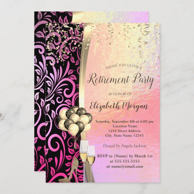 Stylish Swirls Glas,High Heels,Retirement   Invitation (Front/Back)