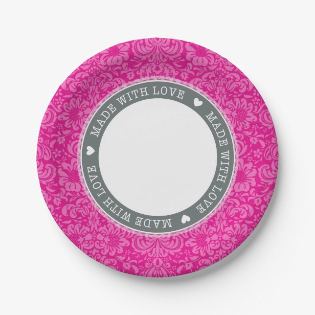 STYLISH TABLE damask made with love grey pink Paper Plate (Front)