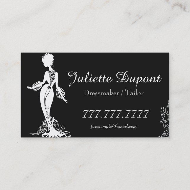 Stylish Tailor Dressmaker black Business Card (Front)