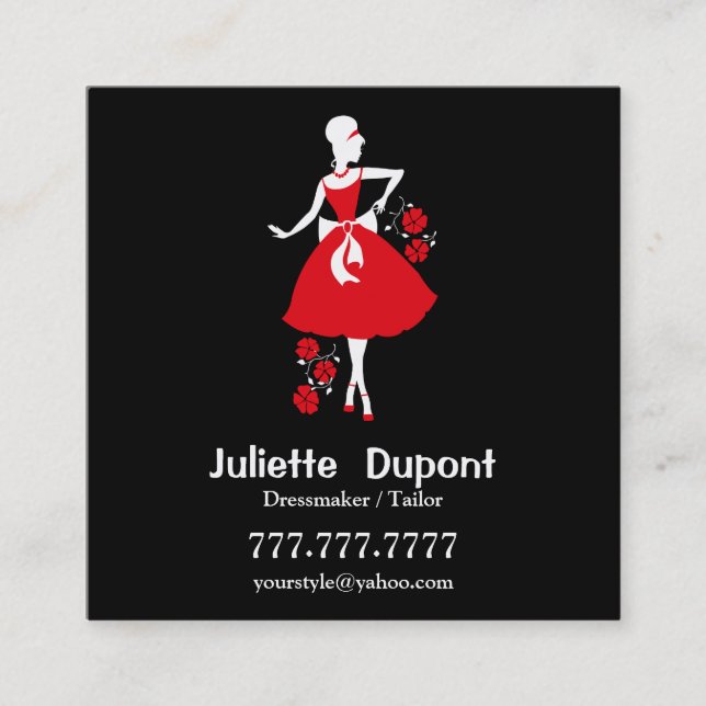 Stylish Tailor Dressmaker black Square Business Card (Front)