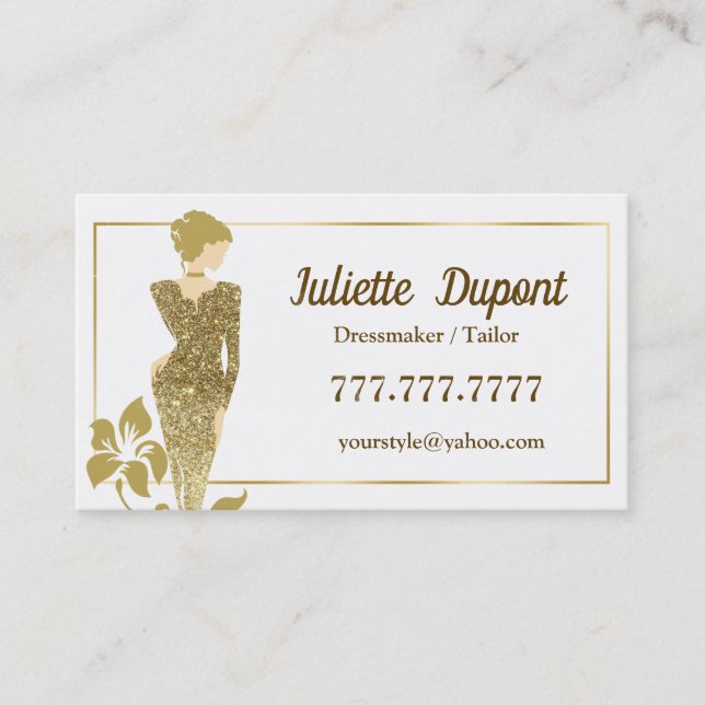 Stylish Tailor Dressmaker gold Business Card (Front)