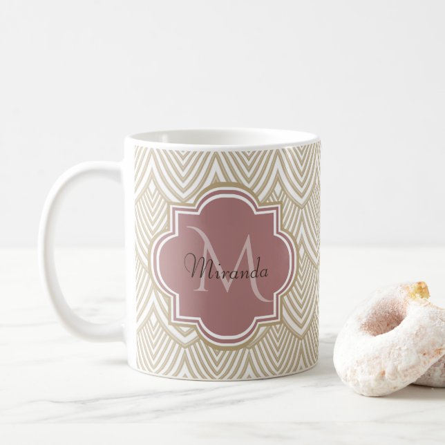 Stylish Tan Arched Scallops Mauve Monogram Name Coffee Mug (With Donut)