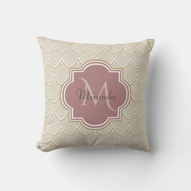 Stylish Tan Arched Scallops Mauve Monogram Name Cushion (Front)