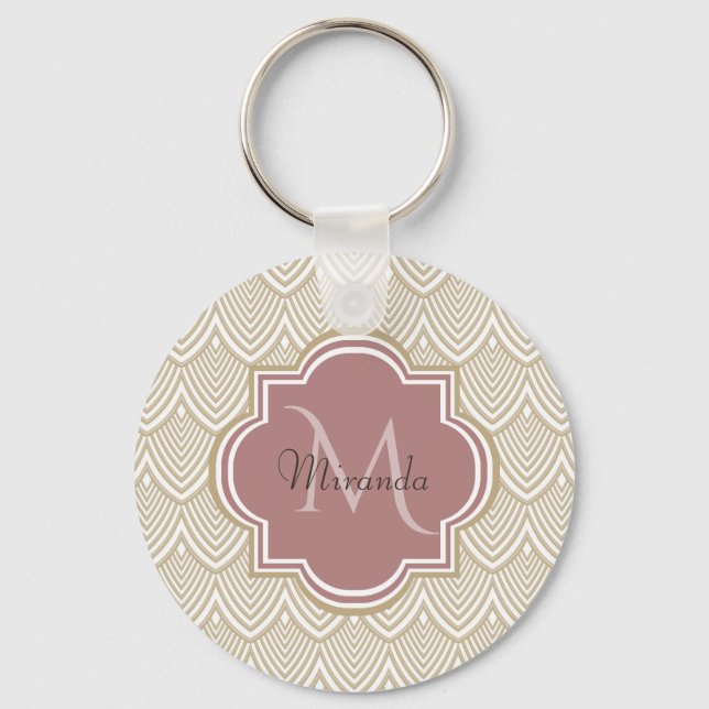 Stylish Tan Arched Scallops Mauve Monogram Name Key Ring (Front)