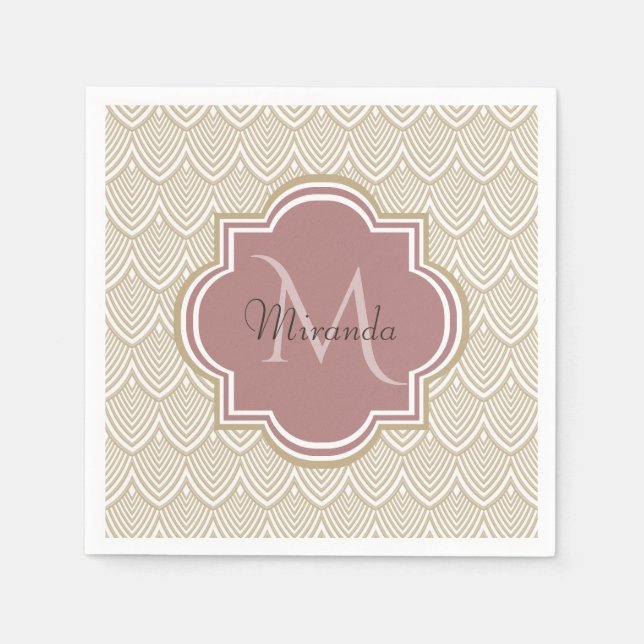 Stylish Tan Arched Scallops Mauve Monogram Name Napkin (Front)