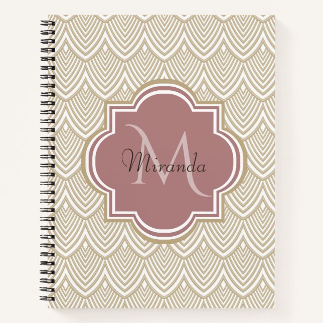 Stylish Tan Arched Scallops Mauve Monogram Name Notebook (Front)