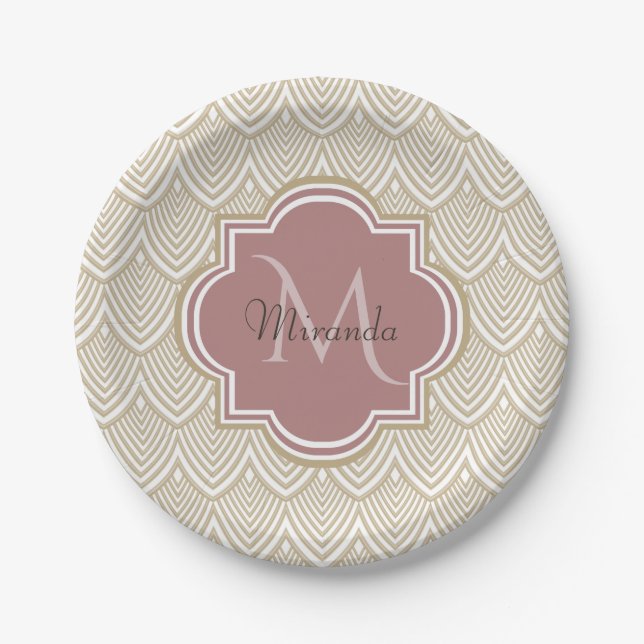 Stylish Tan Arched Scallops Mauve Monogram Name Paper Plate (Front)