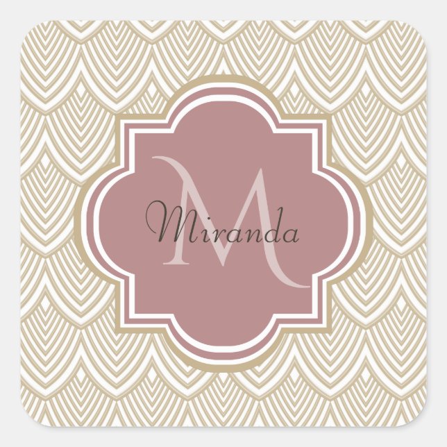 Stylish Tan Arched Scallops Mauve Monogram Name Square Sticker (Front)