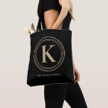 Stylish Tan Monogram Name Black Tote Bag<br><div class="desc">Simple tote bag is personalised with your monogram initial surrounded by tan circles and your full name below. Ideal for yourself,  for your bridesmaids,  book club,  graduation gift,  birthday gift,  or any occasion. MORE colours in our store.</div>