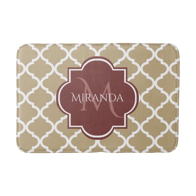 Stylish Tan Quatrefoil Burgundy Monogram and Name Bath Mat (Front)
