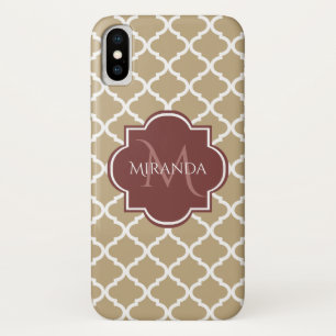 Stylish Tan Quatrefoil Burgundy Monogram and Name iPhone X Case