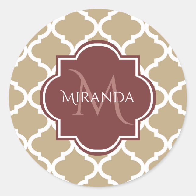 Stylish Tan Quatrefoil Burgundy Monogram and Name Classic Round Sticker (Front)
