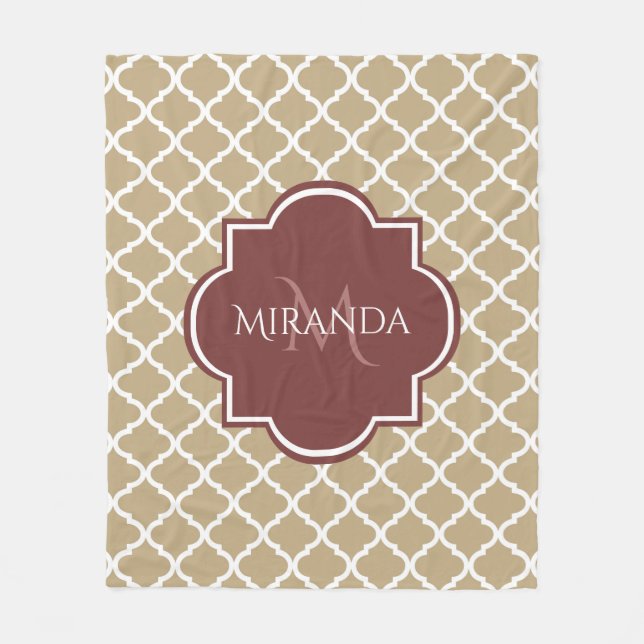 Stylish Tan Quatrefoil Burgundy Monogram and Name Fleece Blanket (Front)
