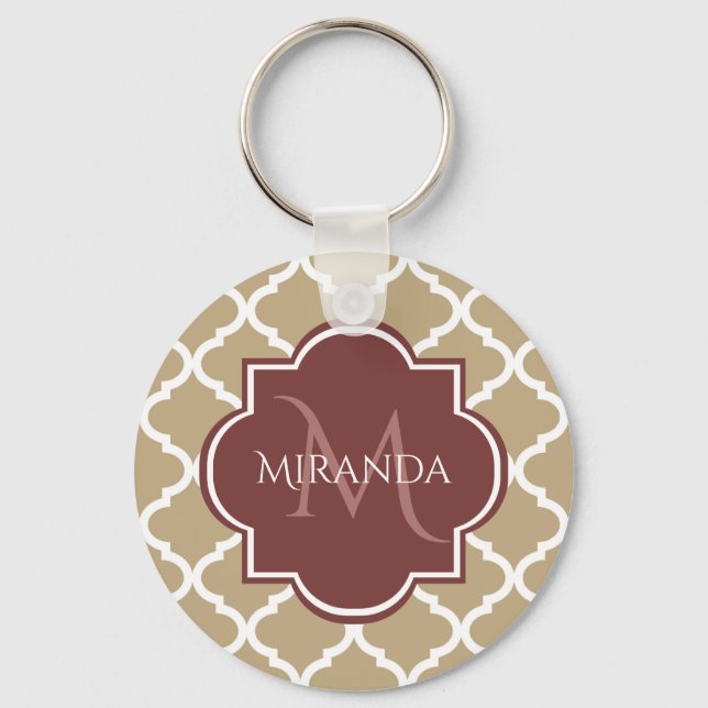 Stylish Tan Quatrefoil Burgundy Monogram and Name Key Ring (Front)