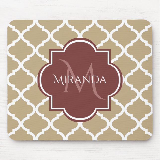 Stylish Tan Quatrefoil Burgundy Monogram and Name Mouse Pad (Front)