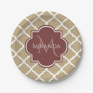 Stylish Tan Quatrefoil Burgundy Monogram and Name Paper Plate