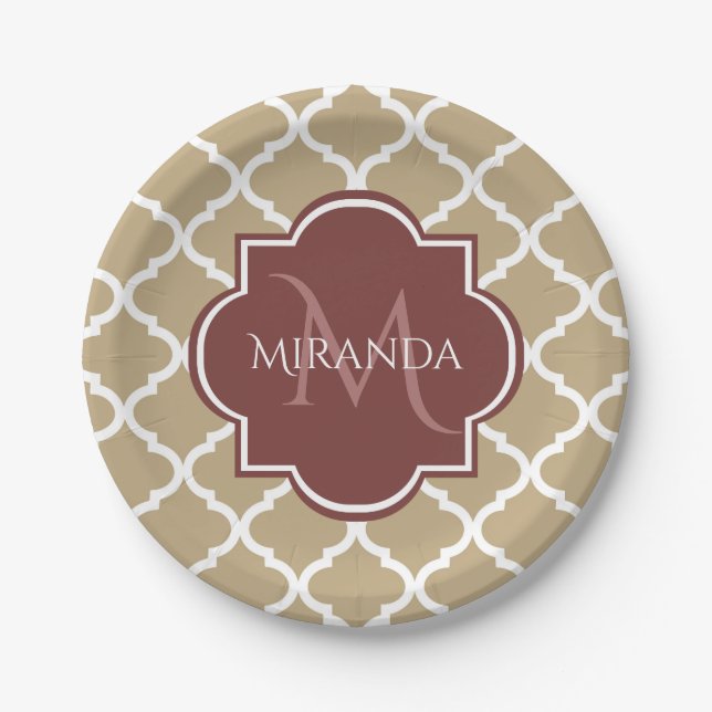 Stylish Tan Quatrefoil Burgundy Monogram and Name Paper Plate (Front)