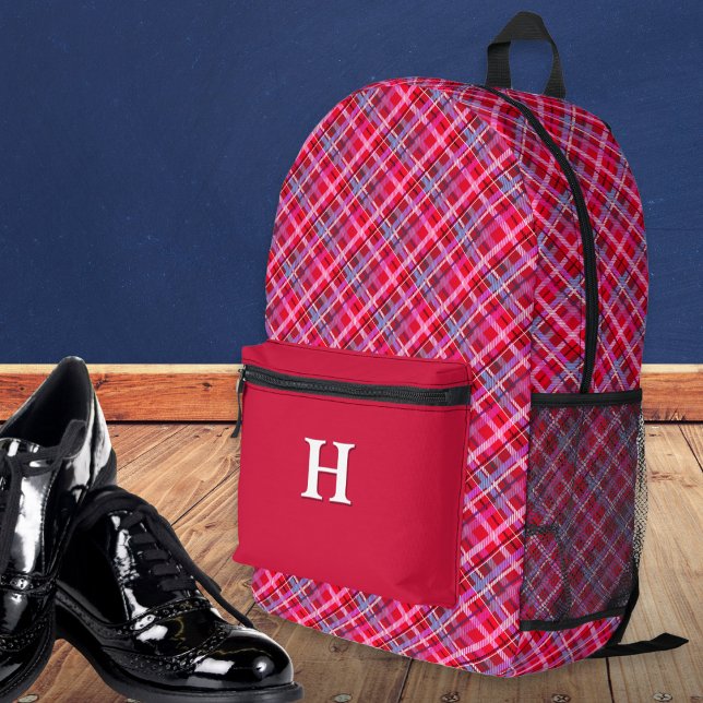 Stylish Tartan Plaid Pattern Monogrammed Red Printed Backpack (A stylish monogrammed backpack with tartan plaid pattern and red front pocket)
