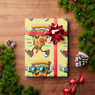 Stylish tasty pizza slice character adds energy wrapping paper