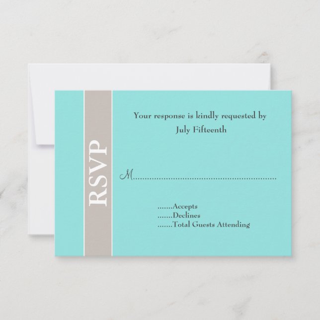 Stylish Taupe and Aqua Blue Wedding RSVP Card (Front)