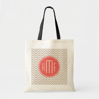 Stylish Taupe and Coral Custom Monogram Tote Bag