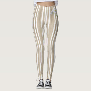 Stylish Taupe Striped Watercolor Daisy Exercise Leggings