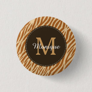 Stylish Tawny Brown Zebra Print Monogram and Name 3 Cm Round Badge