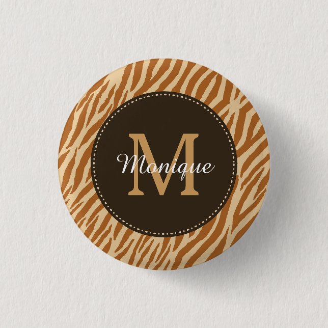 Stylish Tawny Brown Zebra Print Monogram and Name 3 Cm Round Badge (Front)