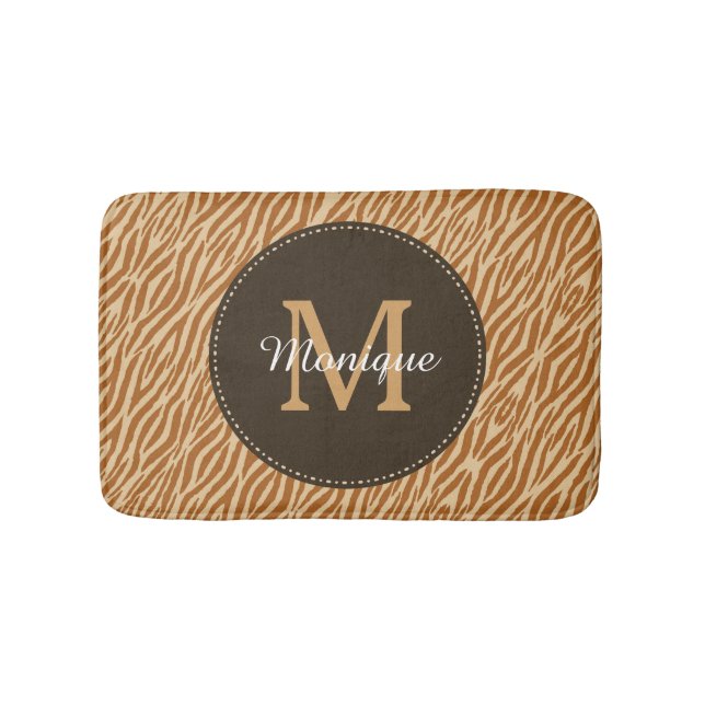 Stylish Tawny Brown Zebra Print Monogram and Name Bath Mat (Front)