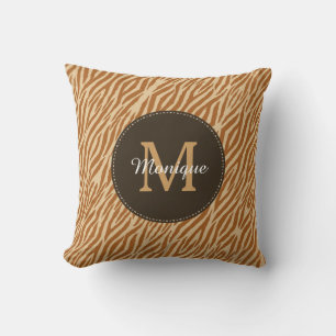 Stylish Tawny Brown Zebra Print Monogram and Name Cushion