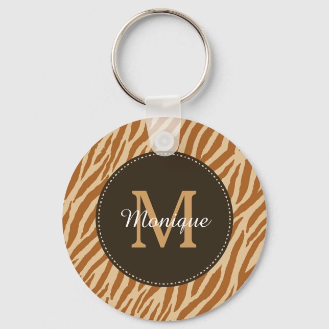 Stylish Tawny Brown Zebra Print Monogram and Name Key Ring (Front)